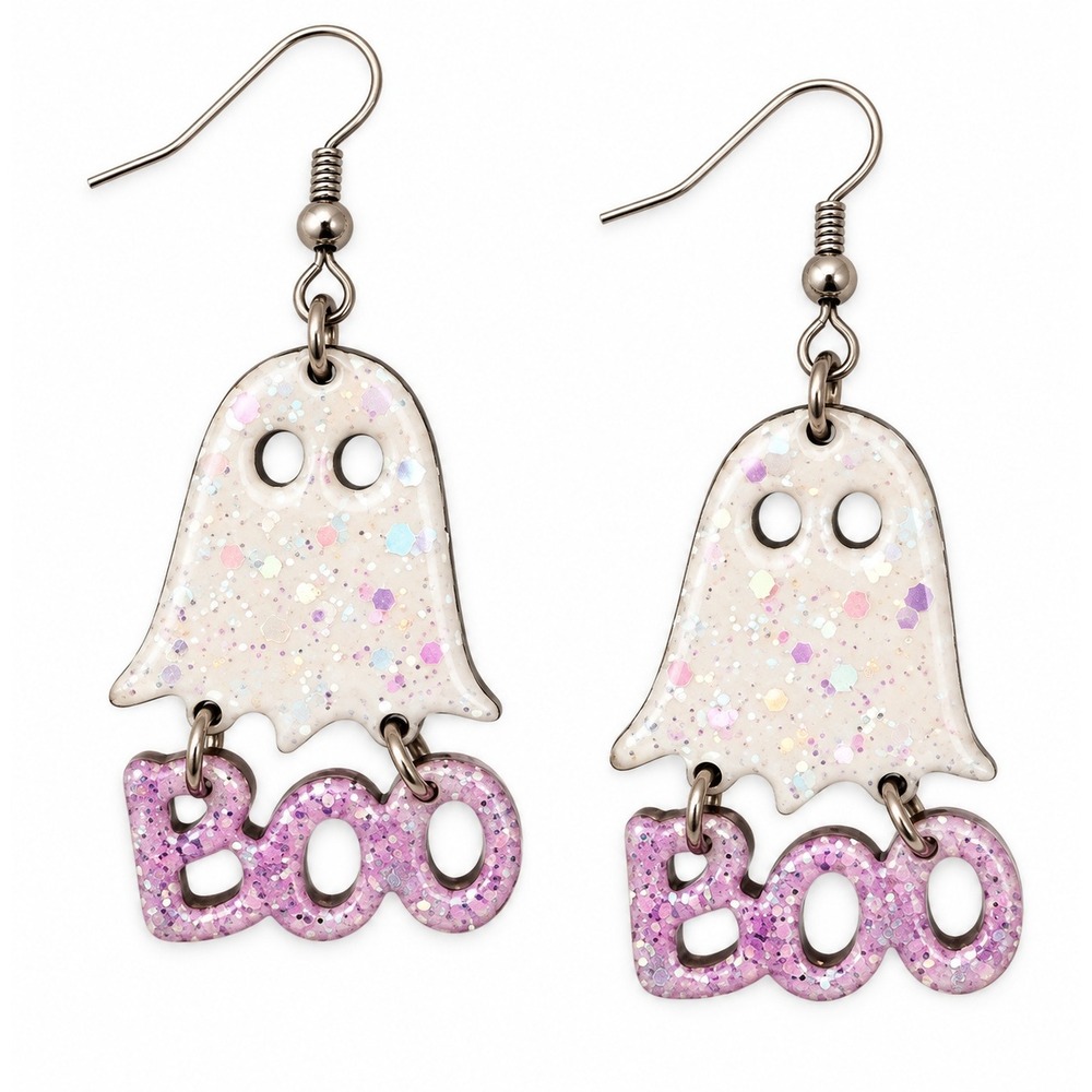 Ghost BOO Resin Dangle Earrings White Purple Glitter Cute Halloween OOAK